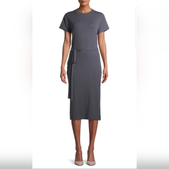 Time and Tru Long Midi Short Sleeve Belted Gray Side Splits Dress Large - Picture 1 of 9